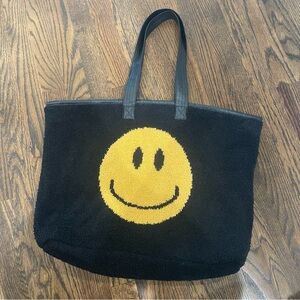 COMFYLUXE Smiley Sherpa Tote Black Fuzzy Canvas Lined Smile Face Bag